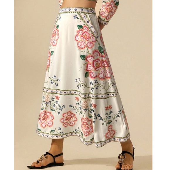 Boho Floral Print Stretchy Waist Pockets Midi Skirt - Picture 1 of 8